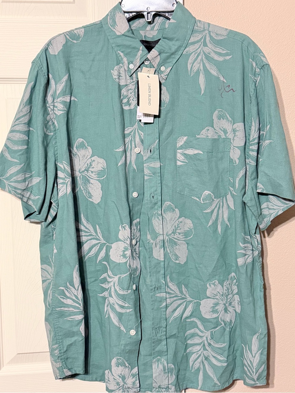 Magaschoni Mint Green Floral Short-Sleeve Button-Down Shirt